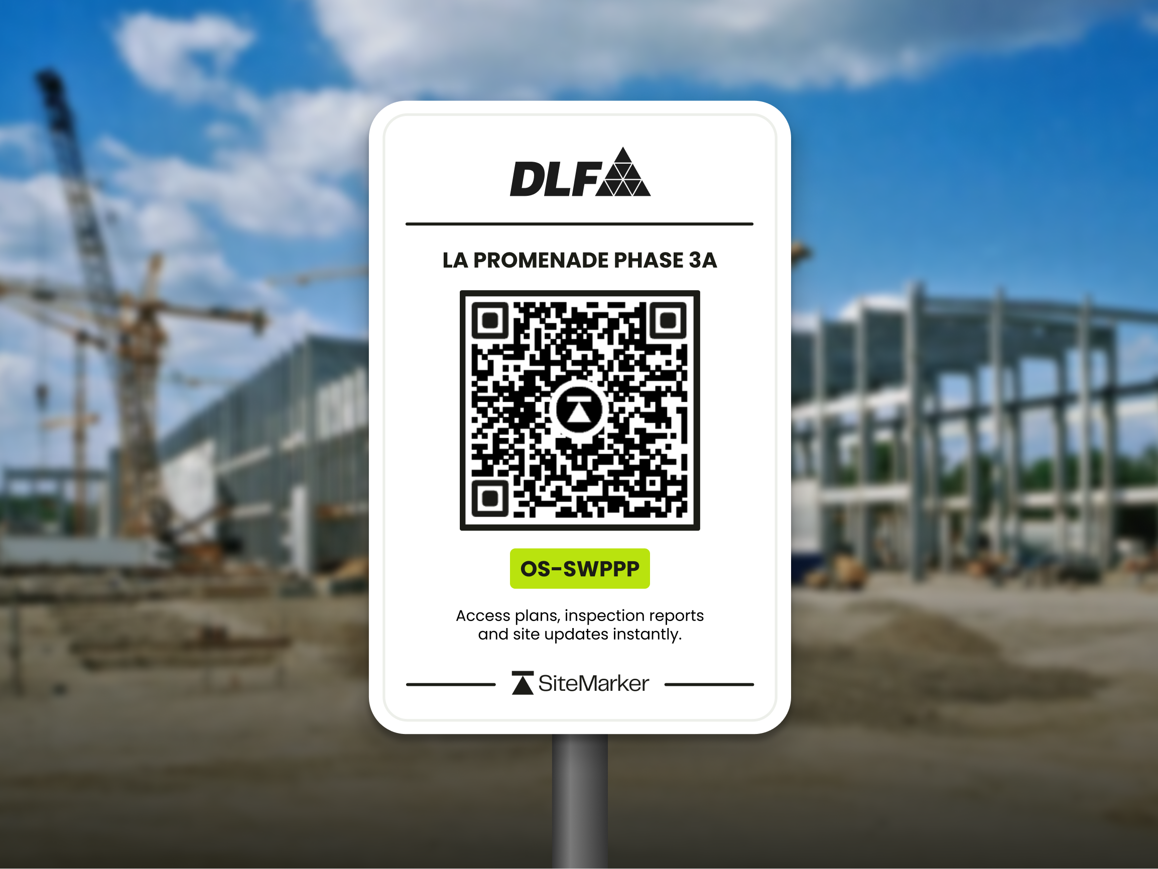 A SiteMarker QR sign for OS-SWPPP access, with a scannable code that opens the live project