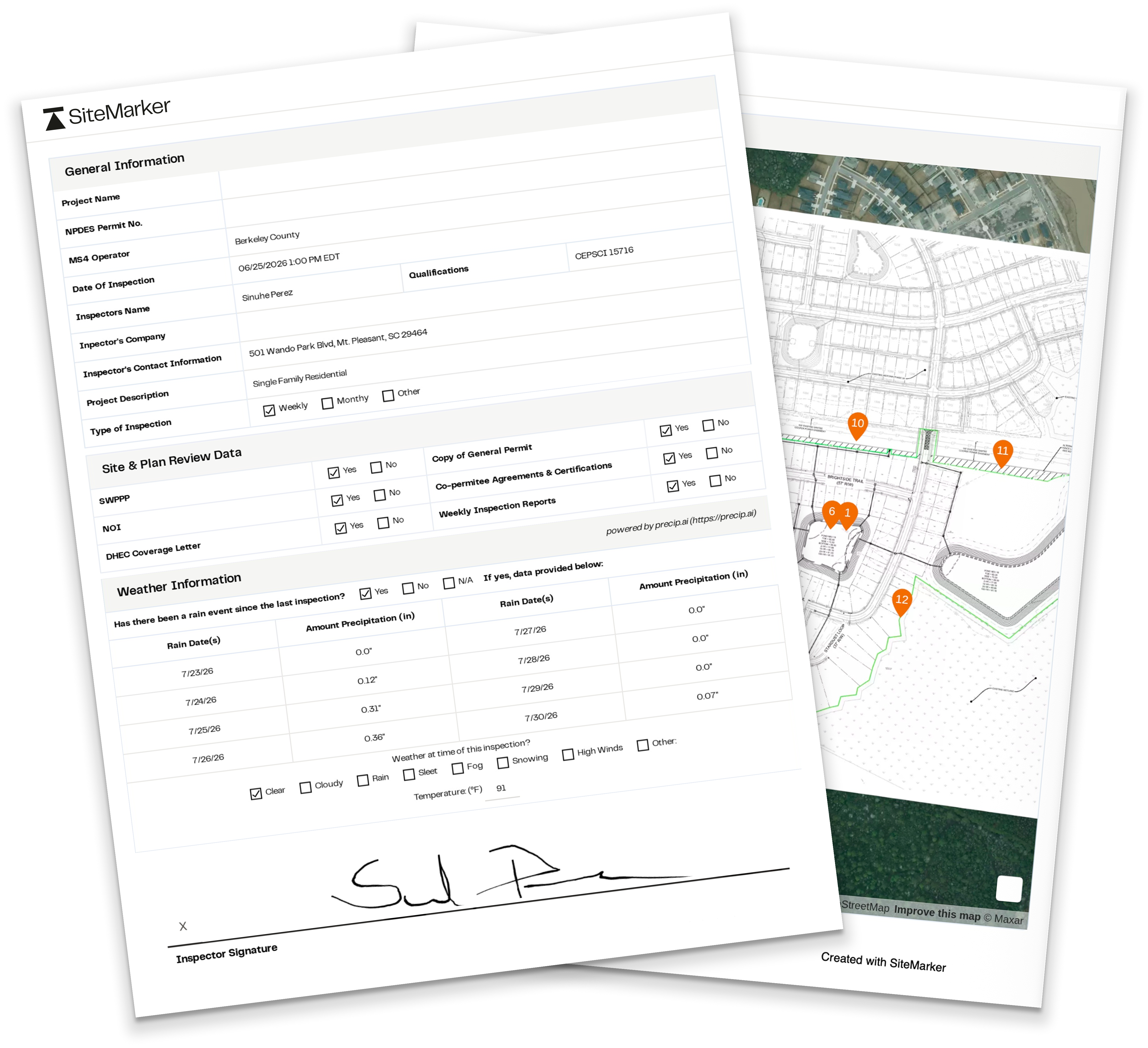 An actual SiteMarker SWPPP report showing general information, weather data, a signature, and a pinned site plan