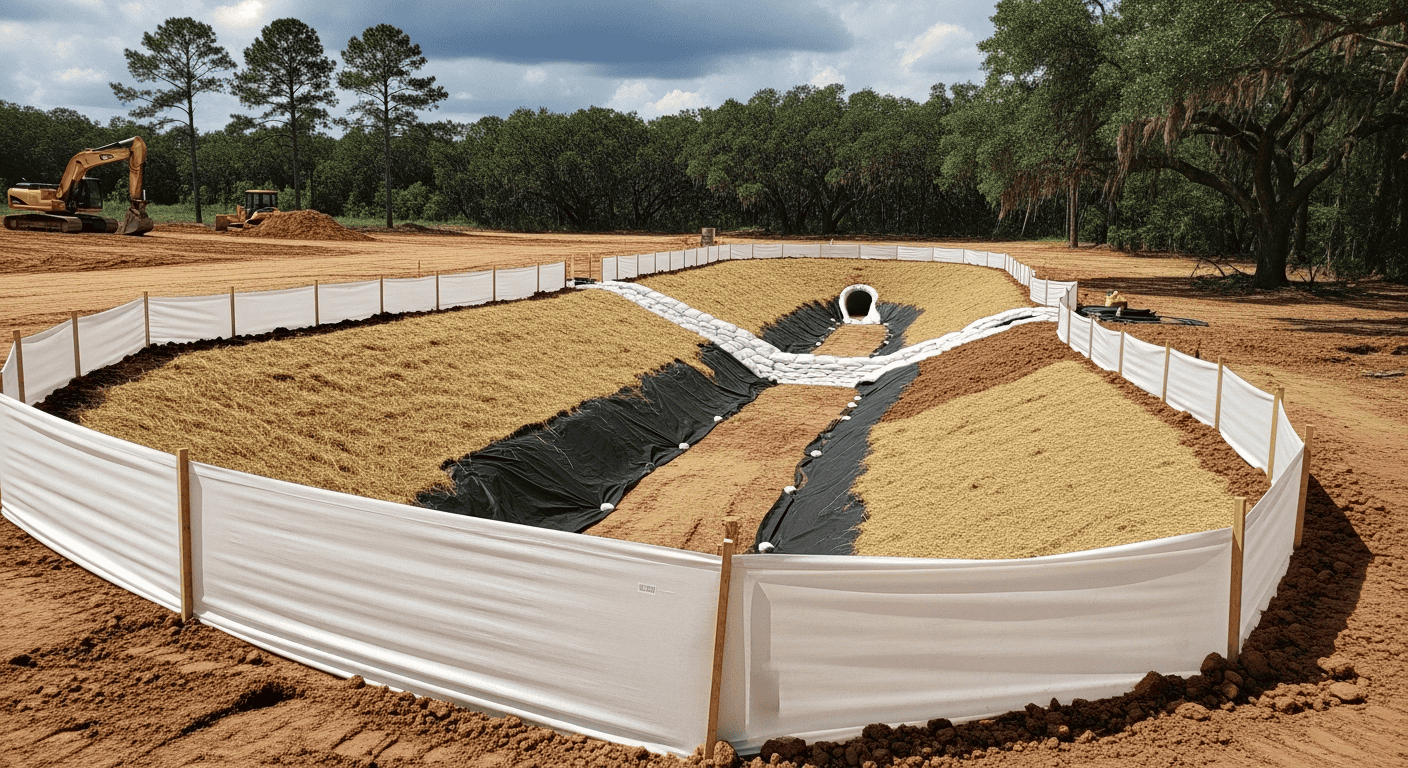 A construction site with silt fence, erosion control matting, and inlet protection installed around a stormwater outlet