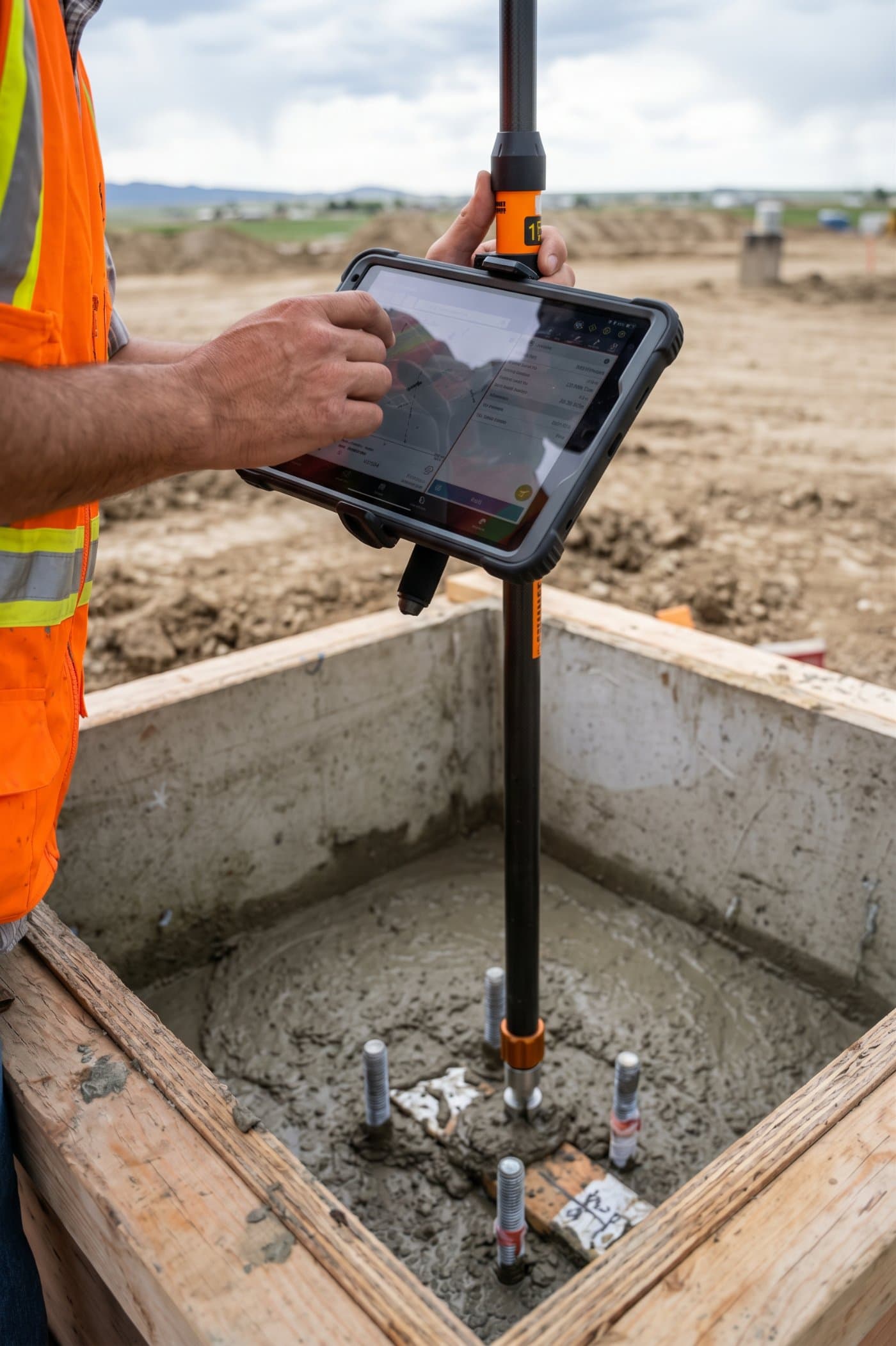 Inspector confirming an anchor bolt install point with a GPS receiver pole and tablet