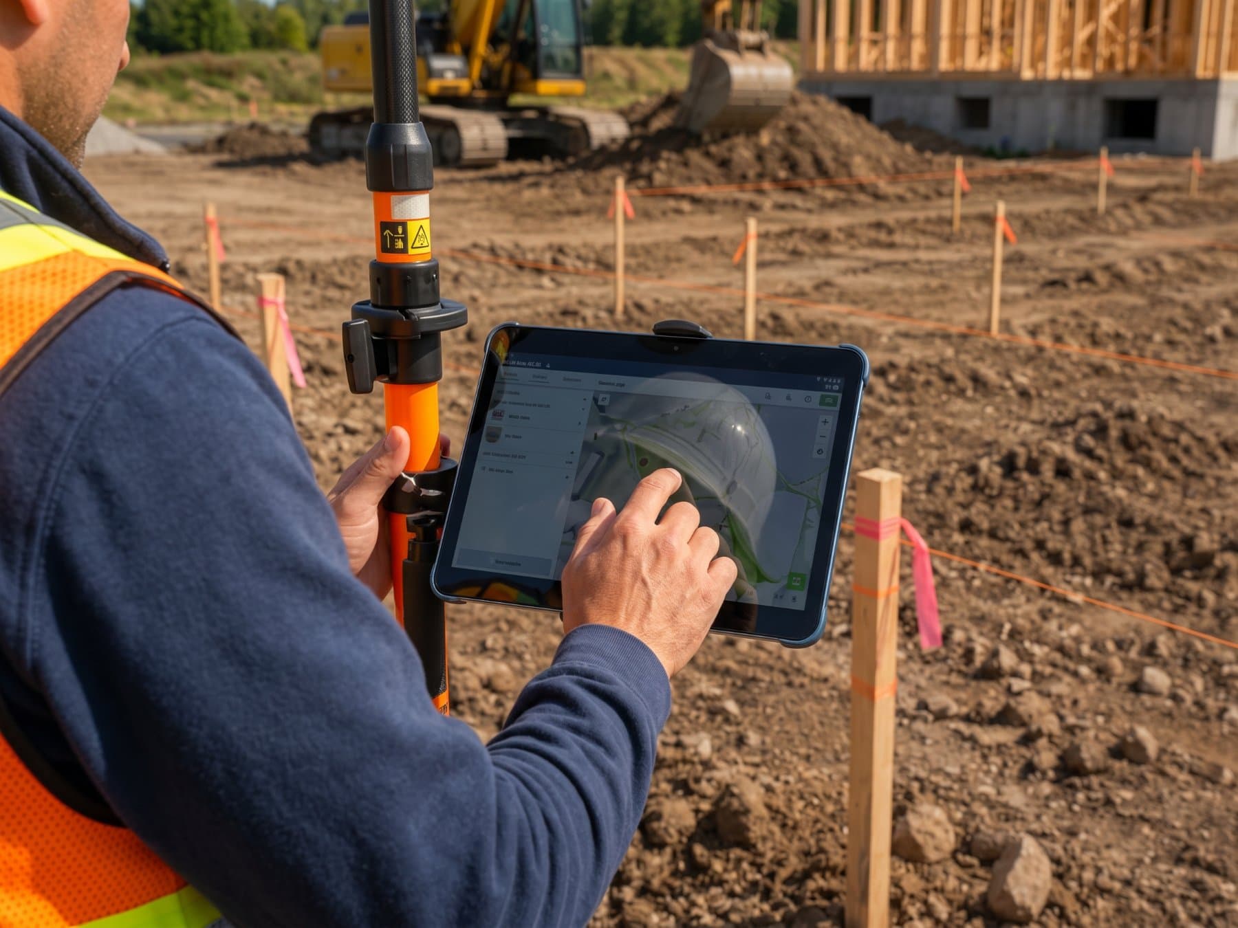 Crew member staking a layout point with SiteMarker on a tablet mounted to a GPS receiver pole